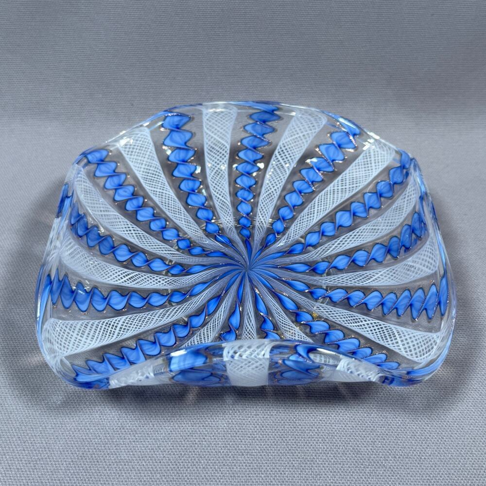 Vintage Mid-Century Murano Blue & White Latticino Art Glass Bowl